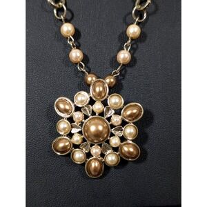 Golden Faux Pearl Cabochon Flower Long Station Chain Necklace 32 in